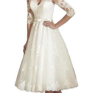 Elegant White Lace Tea-Length Wedding Dress with Three-Quarter Sleeves